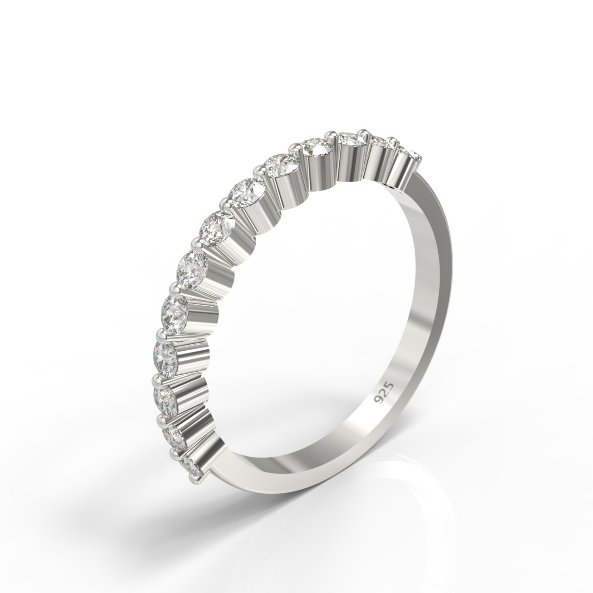 Round Cut Floating Diamond Half Wedding Band, Hallmarked 925 Sterling Silver White Gold